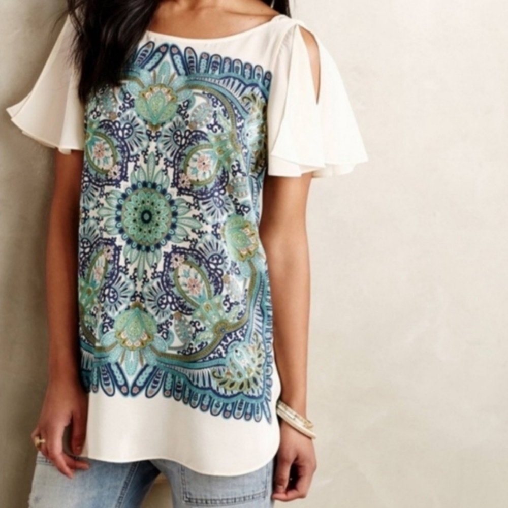 Maeve ANTHROPOLOGY 100% silk blouse blu/grn Sz M